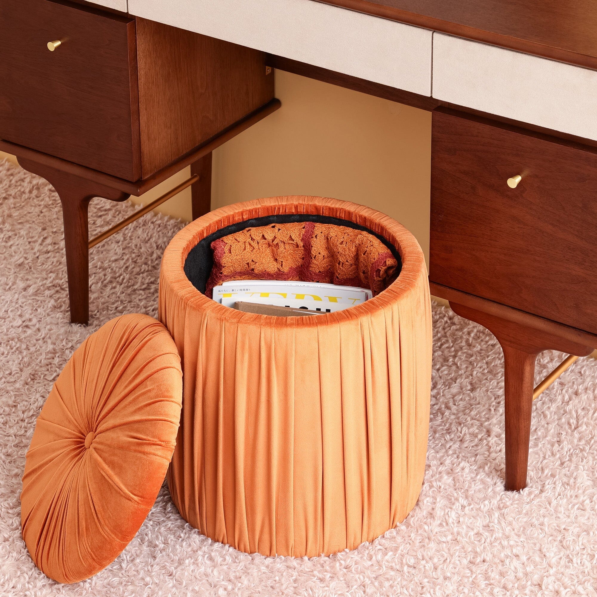 Tabouret d'appoint plissé texturé orange