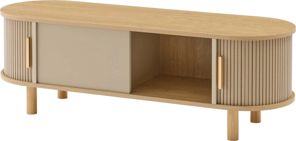 Meuble TV bas beige avec compartiments de rangement