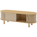 Meuble TV bas beige avec compartiments de rangement