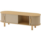 Meuble TV bas beige avec compartiments de rangement
