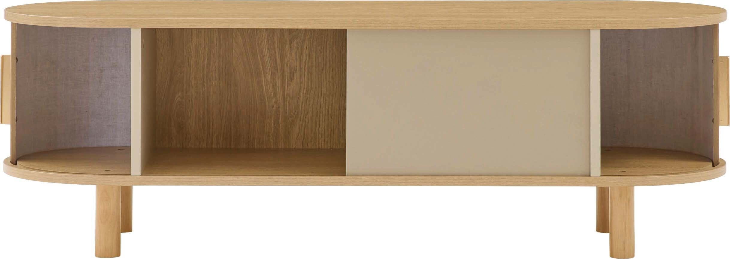 Meuble TV bas beige avec compartiments de rangement