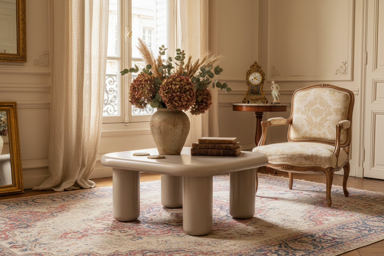 Beige Round Faceted Coffee Table in French Vintage Interior